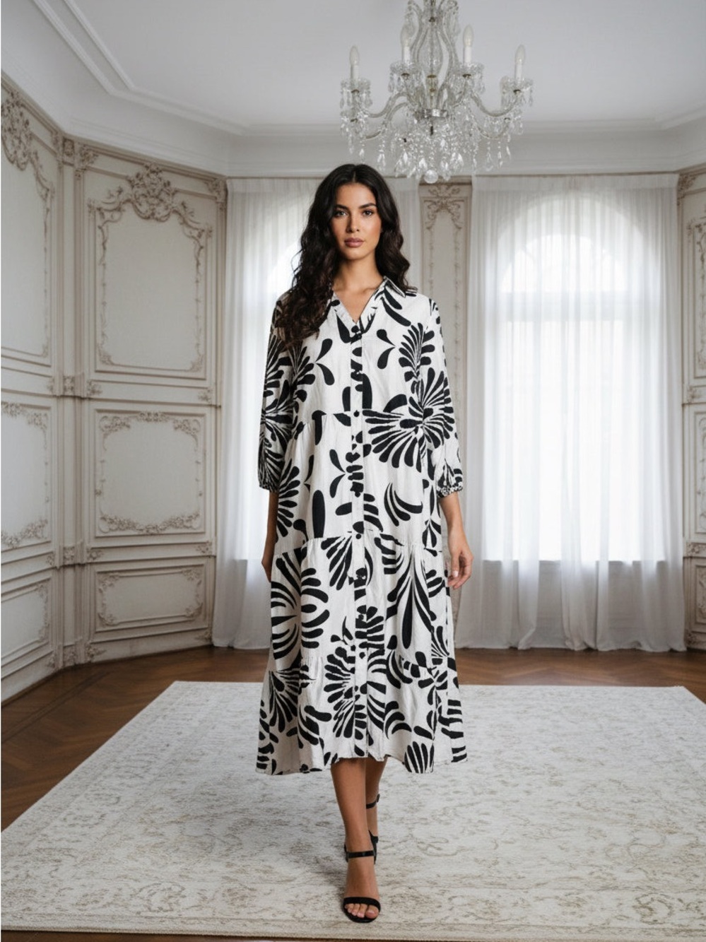Mlle Gabrielle Black and White Floral Button-Front Dress